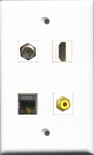 RiteAV 1 Port HDMI and 1 Port RCA Yellow and 1 Port Coax Cable TV- F-Type and 1 Port Shielded Cat6 Ethernet Wall Plate