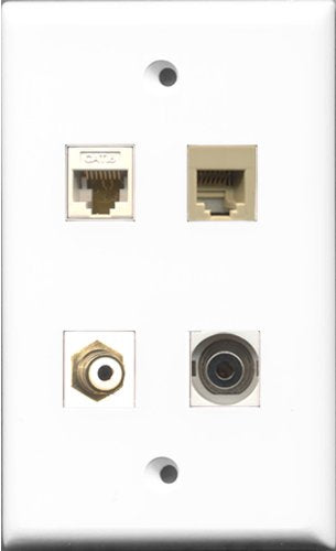 RiteAV 1 Port RCA White and 1 Port Phone RJ11 RJ12 Beige and 1 Port 3.5mm and 1 Port Cat6 Ethernet White Wall Plate