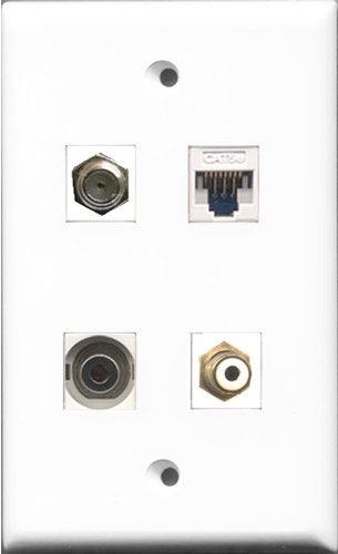 RiteAV 1 Port RCA White and 1 Port Coax Cable TV- F-Type and 1 Port 3.5mm and 1 Port Cat5e Ethernet White Wall Plate