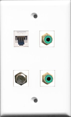 RiteAV - 2 Port RCA Green and 1 Port Coax Cable TV- F-Type and 1 Port Cat5e Ethernet White Wall Plate