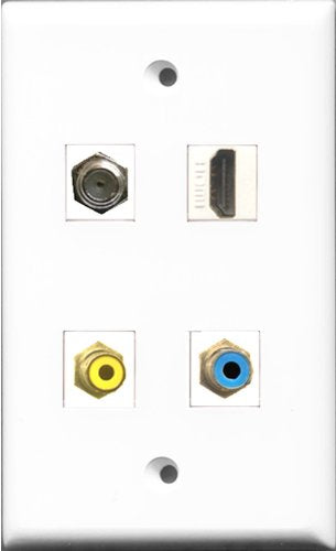 RiteAV 1 Port HDMI and 1 Port RCA Yellow and 1 Port RCA Blue and 1 Port Coax Cable TV- F-Type Wall Plate