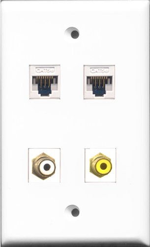 RiteAV - 1 Port RCA White and 1 Port RCA Yellow 2 Port Cat5e Ethernet White Wall Plate