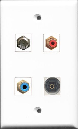 RiteAV 1 Port RCA Red and 1 Port RCA Blue and 1 Port Coax Cable TV- F-Type and 1 Port Toslink Wall Plate