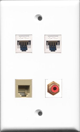 RiteAV - 1 Port RCA Red and 1 Port Phone RJ11 RJ12 Beige 2 Port Cat5e Ethernet White Wall Plate