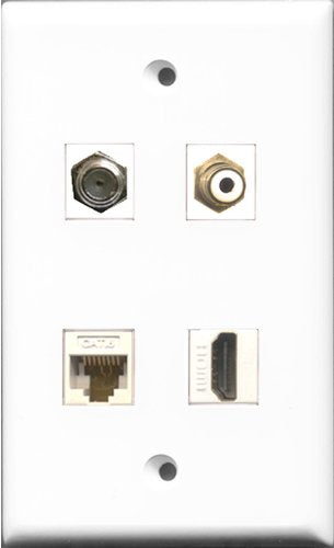 RiteAV 1 Port HDMI and 1 Port RCA White and 1 Port Coax Cable TV- F-Type and 1 Port Cat6 Ethernet White Wall Plate