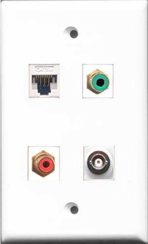 RiteAV 1 Port RCA Red and 1 Port RCA Green and 1 Port BNC and 1 Port Cat5e Ethernet White Wall Plate