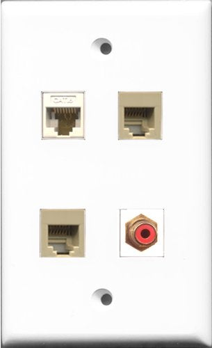 RiteAV 1 Port RCA Red 2 Port Phone RJ11 RJ12 Beige and 1 Port Cat6 Ethernet White Wall Plate