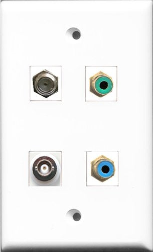 RiteAV 1 Port RCA Green and 1 Port RCA Blue and 1 Port Coax Cable TV- F-Type and 1 Port BNC Wall Plate