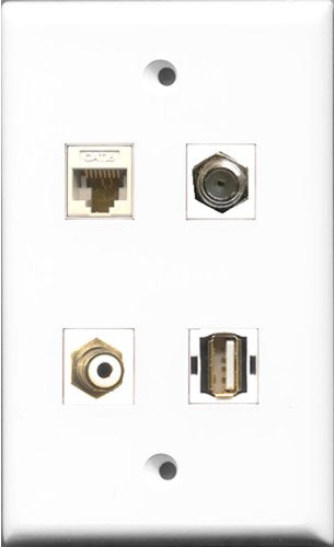 RiteAV 1 Port RCA White and 1 Port Coax Cable TV- F-Type and 1 Port USB A-A and 1 Port Cat6 Ethernet White Wall Plate