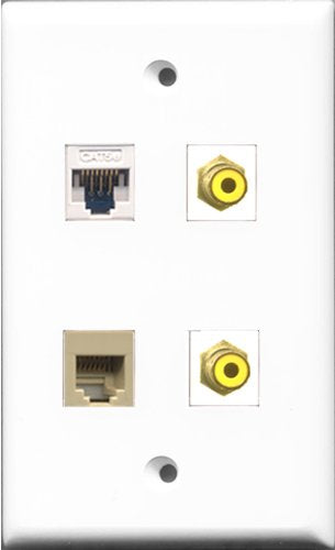 RiteAV - 2 Port RCA Yellow and 1 Port Phone RJ11 RJ12 Beige and 1 Port Cat5e Ethernet White Wall Plate