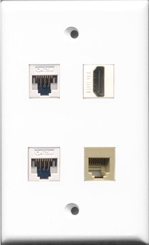 RiteAV - 1 Port HDMI and 1 Port Phone RJ11 RJ12 Beige 2 Port Cat5e Ethernet White Wall Plate