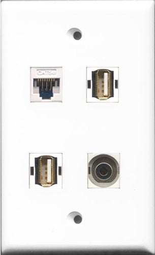 RiteAV - 2 Port USB A-A and 1 Port 3.5mm and 1 Port Cat5e Ethernet White Wall Plate