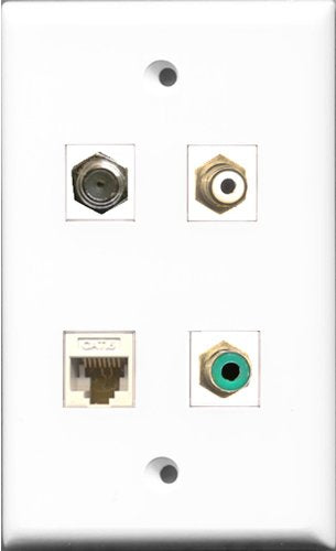 RiteAV 1 Port RCA White and 1 Port RCA Green and 1 Port Coax Cable TV- F-Type and 1 Port Cat6 Ethernet White Wall Plate