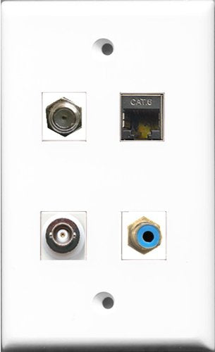 RiteAV 1 Port RCA Blue and 1 Port Coax Cable TV- F-Type and 1 Port Shielded Cat6 Ethernet and 1 Port BNC Wall Plate