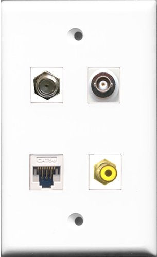 RiteAV 1 Port RCA Yellow and 1 Port Coax Cable TV- F-Type and 1 Port BNC and 1 Port Cat5e Ethernet White Wall Plate