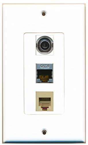 RiteAV - 1 Port Phone RJ11 RJ12 Beige and 1 Port Shielded Cat6 Ethernet and 1 Port 3.5mm Decorative Wall Plate Decorative