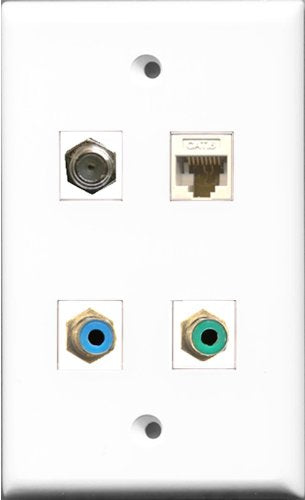 RiteAV 1 Port RCA Green and 1 Port RCA Blue and 1 Port Coax Cable TV- F-Type and 1 Port Cat6 Ethernet White Wall Plate