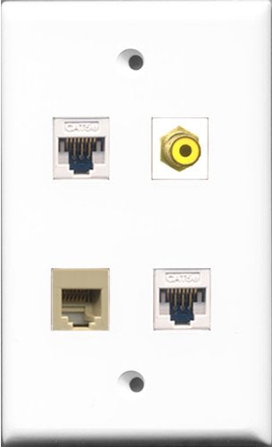 RiteAV 1 Port RCA Yellow and 1 Port Phone RJ11 RJ12 Beige 2 Port Cat5e Ethernet White Wall Plate