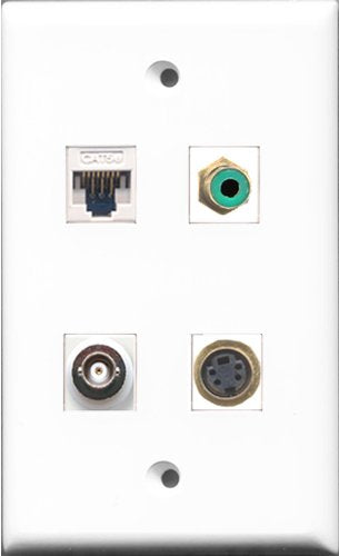 RiteAV 1 Port RCA Green and 1 Port S-Video and 1 Port BNC and 1 Port Cat5e Ethernet White Wall Plate