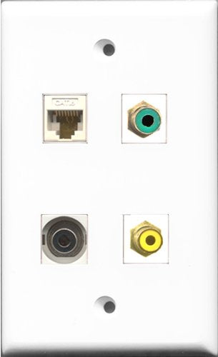 RiteAV 1 Port RCA Yellow and 1 Port RCA Green and 1 Port 3.5mm and 1 Port Cat6 Ethernet White Wall Plate