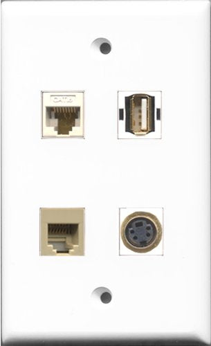 RiteAV 1 Port USB A-A and 1 Port Phone RJ11 RJ12 Beige and 1 Port S-Video and 1 Port Cat6 Ethernet White Wall Plate
