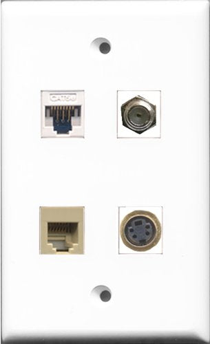 RiteAV - 1 Port Coax Cable TV- F-Type and 1 Port Phone RJ11 RJ12 Beige and 1 Port S-Video and 1 Port Cat5e Ethernet White Wall Plate