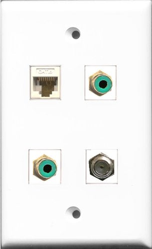 RiteAV - 2 Port RCA Green and 1 Port Coax Cable TV- F-Type and 1 Port Cat6 Ethernet White Wall Plate