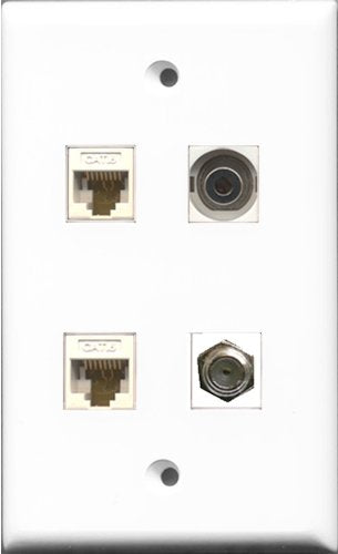 RiteAV 1 Port Coax Cable TV- F-Type and 1 Port 3.5mm 2 Port Cat6 Ethernet White Wall Plate