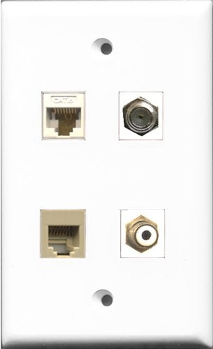 RiteAV 1 Port RCA White and 1 Port Coax Cable TV- F-Type and 1 Port Phone RJ11 RJ12 Beige and 1 Port Cat6 Ethernet White Wall Plate