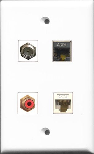 RiteAV 1 Port RCA Red and 1 Port Coax Cable TV- F-Type and 1 Port Shielded Cat6 Ethernet and 1 Port Cat6 Ethernet White Wall Plate