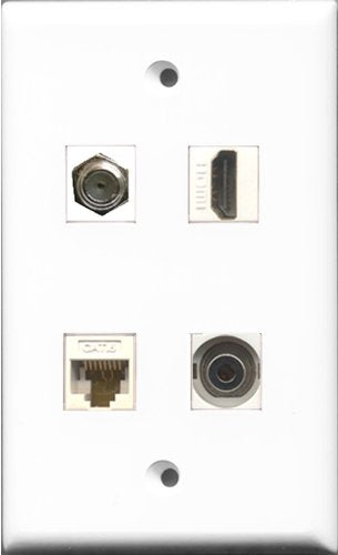 RiteAV 1 Port HDMI and 1 Port Coax Cable TV- F-Type and 1 Port 3.5mm and 1 Port Cat6 Ethernet White Wall Plate