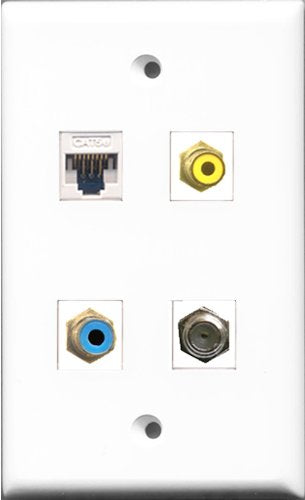 RiteAV 1 Port RCA Yellow and 1 Port RCA Blue and 1 Port Coax Cable TV- F-Type and 1 Port Cat5e Ethernet White Wall Plate