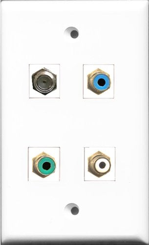 RiteAV 1 Port RCA White and 1 Port RCA Green and 1 Port RCA Blue and 1 Port Coax Cable TV- F-Type Wall Plate