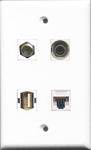 RiteAV 1 Port Coax Cable TV- F-Type and 1 Port USB A-A and 1 Port 3.5mm and 1 Port Cat5e Ethernet White Wall Plate