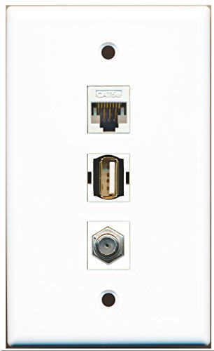 RiteAV - 1 Port Coax Cable TV- F-Type and 1 Port USB A-A and 1 Port Cat5e Ethernet White Wall Plate
