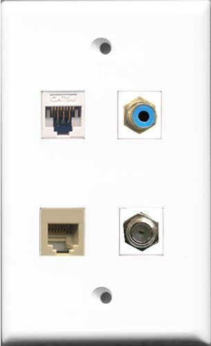 RiteAV 1 Port RCA Blue and 1 Port Coax Cable TV- F-Type and 1 Port Phone RJ11 RJ12 Beige and 1 Port Cat5e Ethernet White Wall Plate