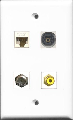 RiteAV 1 Port RCA Yellow and 1 Port Coax Cable TV- F-Type and 1 Port Toslink and 1 Port Cat6 Ethernet White Wall Plate