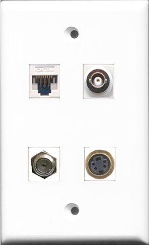 RiteAV - 1 Port Coax Cable TV- F-Type and 1 Port S-Video and 1 Port BNC and 1 Port Cat5e Ethernet White Wall Plate