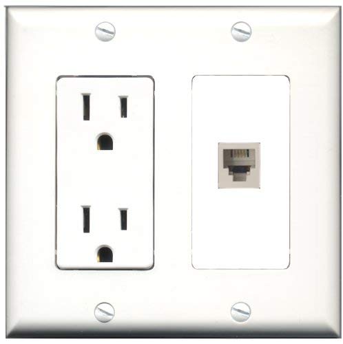 RiteAV - 15 Amp Power Outlet and 1 Port Phone RJ11 RJ12 Punchdown White Decorative Type Wall Plate White