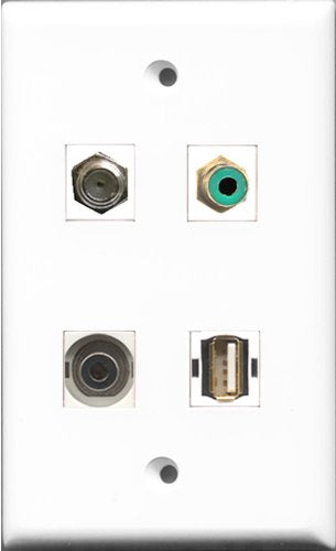 RiteAV 1 Port RCA Green and 1 Port Coax Cable TV- F-Type and 1 Port USB A-A and 1 Port 3.5mm Wall Plate