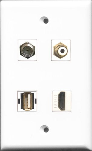 RiteAV 1 Port HDMI and 1 Port RCA White and 1 Port Coax Cable TV- F-Type and 1 Port Shielded Cat6 Ethernet Wall Plate