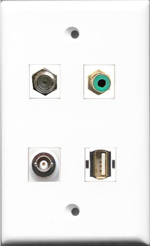 RiteAV 1 Port RCA Green and 1 Port Coax Cable TV- F-Type and 1 Port USB A-A and 1 Port BNC Wall Plate