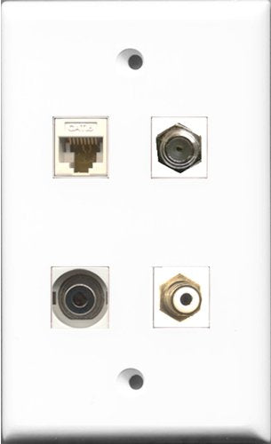 RiteAV 1 Port RCA White and 1 Port Coax Cable TV- F-Type and 1 Port 3.5mm and 1 Port Cat6 Ethernet White Wall Plate