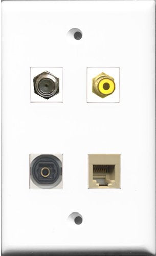 RiteAV 1 Port RCA Yellow and 1 Port Coax Cable TV- F-Type and 1 Port Phone RJ11 RJ12 Beige and 1 Port Toslink Wall Plate