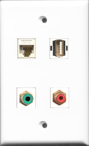 RiteAV 1 Port RCA Red and 1 Port RCA Green and 1 Port USB A-A and 1 Port Cat6 Ethernet White Wall Plate