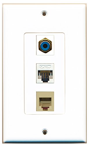 RiteAV - 1 Port RCA Blue and 1 Port Phone RJ11 RJ12 Beige and 1 Port Cat5e Ethernet White Decorative Wall Plate