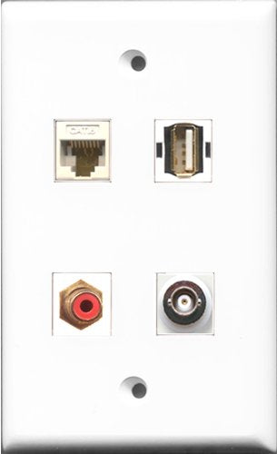 RiteAV 1 Port RCA Red and 1 Port USB A-A and 1 Port BNC and 1 Port Cat6 Ethernet White Wall Plate