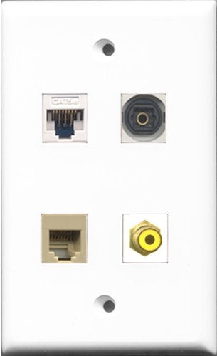 RiteAV 1 Port RCA Yellow and 1 Port Phone RJ11 RJ12 Beige and 1 Port Toslink and 1 Port Cat5e Ethernet White Wall Plate