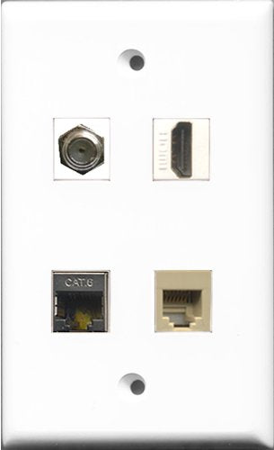 RiteAV 1 Port HDMI and 1 Port Coax Cable TV- F-Type and 1 Port Phone RJ11 RJ12 Beige and 1 Port Shielded Cat6 Ethernet Wall Plate
