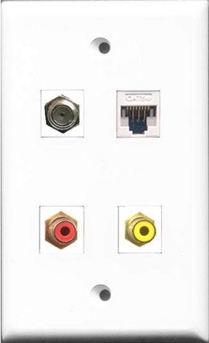 RiteAV 1 Port RCA Red and 1 Port RCA Yellow and 1 Port Coax Cable TV- F-Type and 1 Port Cat5e Ethernet White Wall Plate